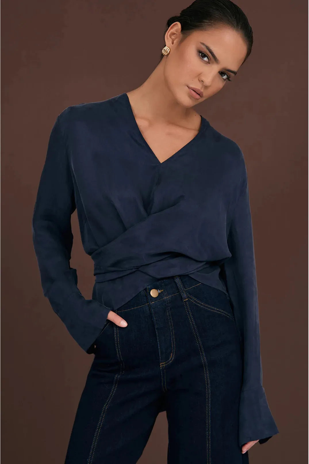 Adorne Rylie Cupro Top Navy