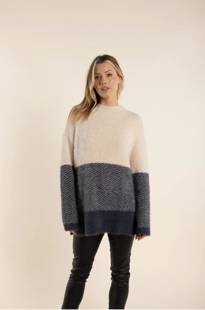Two T's Chevron Splice Fluffy Sweater Natural Charcoal