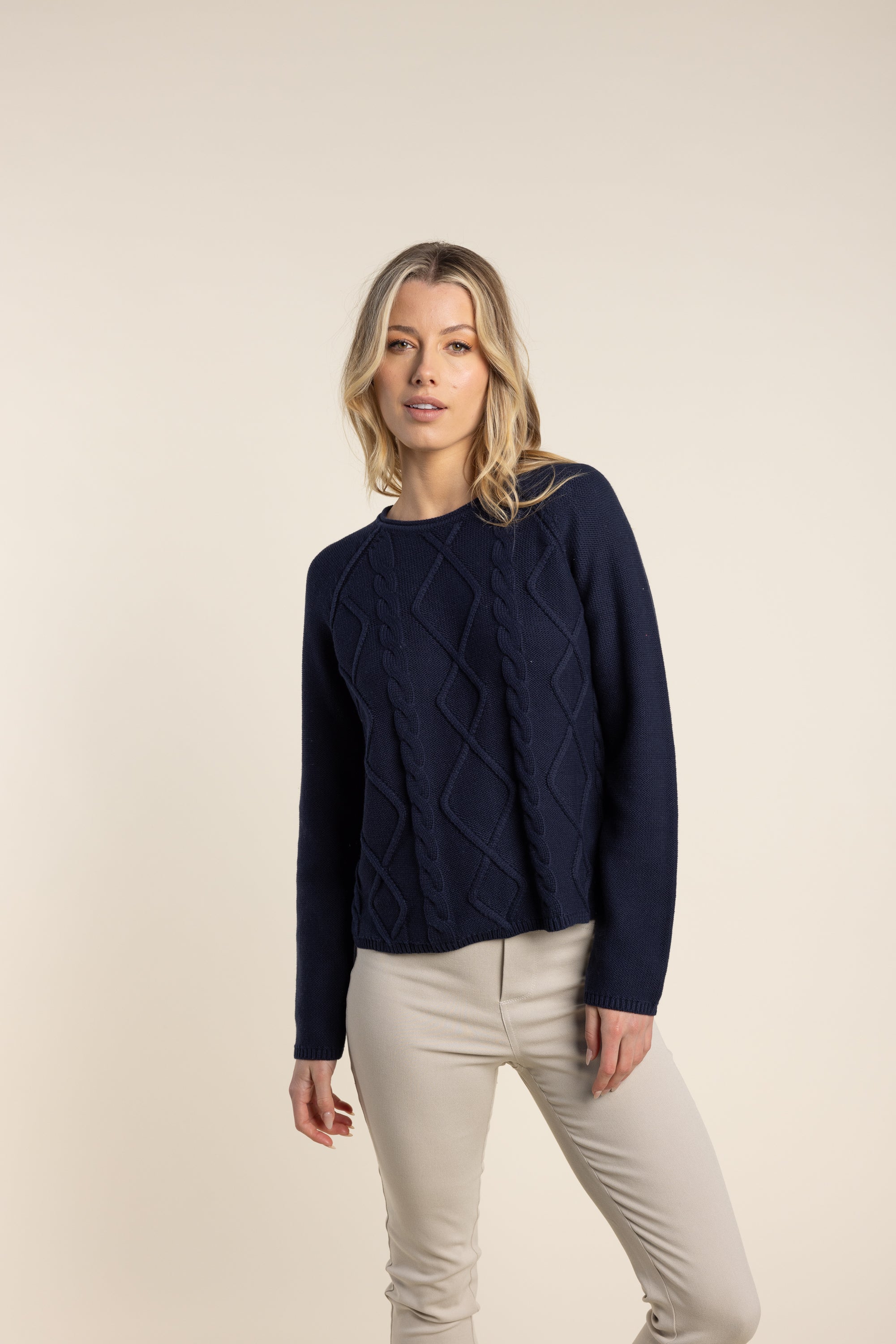 Two T's Cable Cotton Sweater Navy