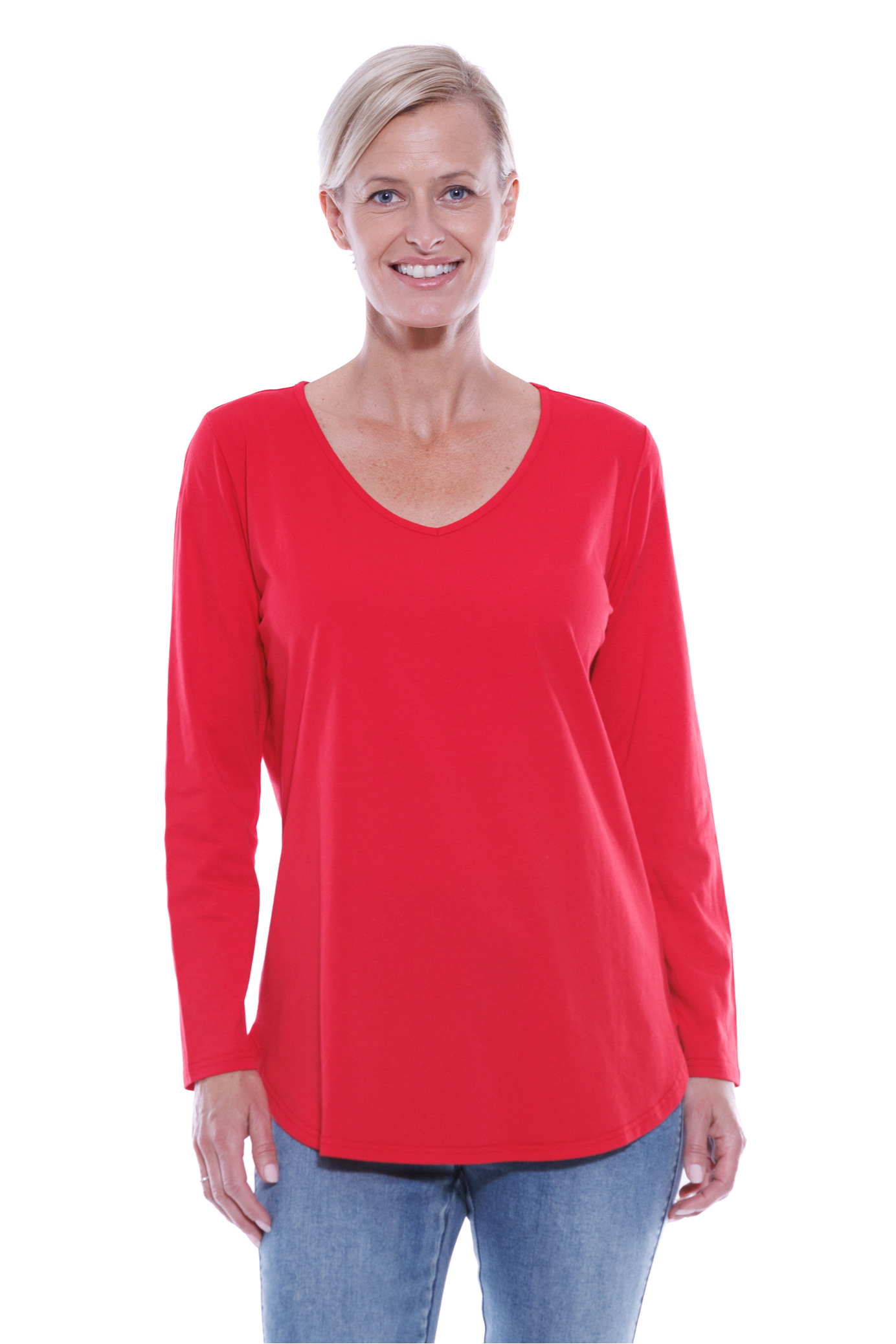 Long Sleeve Stretch Tee V Neck Red